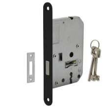 Afbeeldingen van INTERSTEEL Woningbouw klavier kastslot 55mm, voorplaat afgerond zwart gelakt, 20x175, doorn 50mm incl. sluitpla 9548