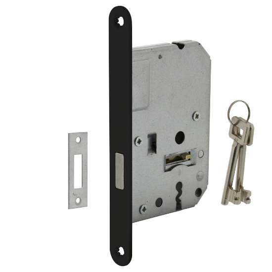 Afbeeldingen van INTERSTEEL Woningbouw klavier kastslot 55mm, voorplaat afgerond zwart gelakt, 20x175, doorn 50mm incl. sluitpla 9548