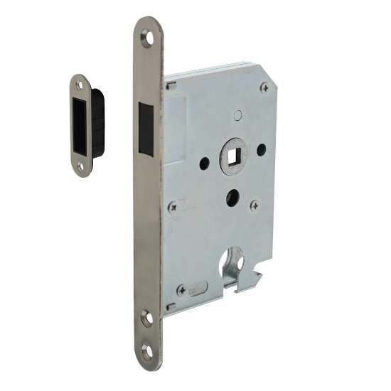Afbeeldingen van INTERSTEEL Woningbouw magneet slot, voorplaat afgerond rvs, 20x175, doorn 50mm incl. sluitplaat/kom 9570