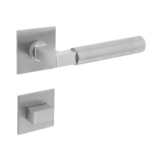 Afbeeldingen van INTERSTEEL Deurkruk Baustil vastdraaibaar geveerd op vierkante magneet rozet met WC8mm RVS 1849
