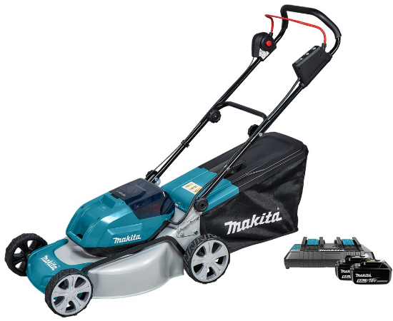 Afbeeldingen van Makita Grasmaaier 46cm - 2X18V 2x5.0 Ah accu - Inclusief duo snellader in doos