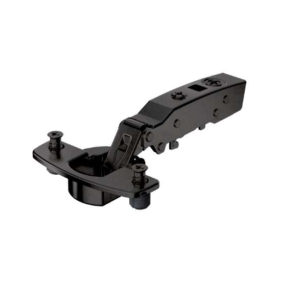 Afbeeldingen van Hettich Sensys 110°-scharnier met geïntegreerde demping (Sensys 8645i), in obsidiaanzwart, opliggend, openingshoek 110°, TH-boorbeeld 52 x 5,5 mm, met spreidpluggen (ø 10 x 11)