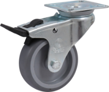 Afbeeldingen van Kelfort zwenkwiel - Ø75mm (60kg) - gegalvaniseerd met plaat en glijlager met rem en blauw/grijs rubber loopvlak 