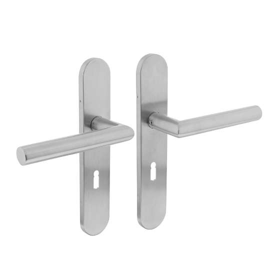 Afbeeldingen van INTERSTEEL Deurkruk Hoek 90° op op schild sleutelgat 56 mm rvs geborsteld