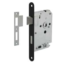 Afbeeldingen van INTERSTEEL Woningbouw badkamer/toilet slot 63/8mm, voorplaat afgerond zwart gelakt, 20x175, doorn 50mm incl. sl 9547