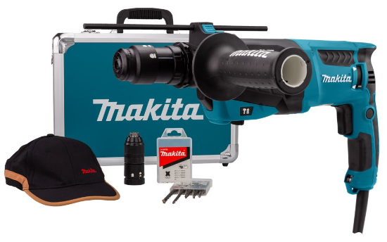 Afbeeldingen van Makita Combihamer HR2631FT13 - 230V 800Watt - Inclusief verwisselbare boorkop en 5 delige borenset in blauw aluminium koffer